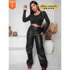 Calça Couro Fake Wide Leg Feminina Cintura Alta Preta Pantalona Retrô Blogueira Moda Gringa Balada