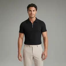 Camiseta Polo Ziper Camisa Manga Curta Malha Canelada Masculina Polo Italiana
