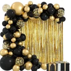 Kit 110 Balões+Cortina Metalizada Balão Preto Dourado Ouro P/ Festa Decoração Aniversario+Fita5Mts