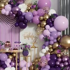 Kit 125 Balões Festa Arco Desconstruido Bexiga Dourado Lilás Branco Roxo Liso/Metalizado Decoração