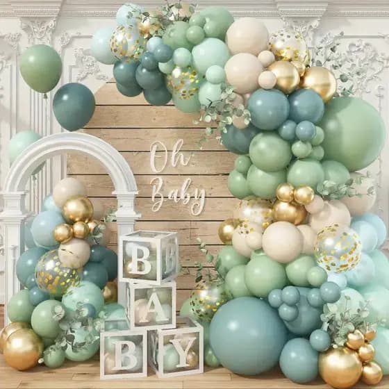 Kit 130 Balões Verde Eucalipto Azul Candy Dourado Bexiga Azul Acizentado Metalizado Decoração Festa