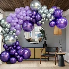 Kit 130 Lilás Roxo Bexiga Arco Desconstruido Prata Metalizado Polegadas Balão Bexiga Decoração+Fita