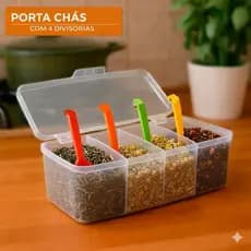 Caixa Organizadora Porta Chá com tampa 4 divisorias acompanha 4 colher conchas Organizador Ervas natural
