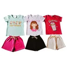 kit 6 Peças de Roupas Infantil Feminina 3 Camisetas e 3 Bermudas Crianças Tam 2 anos ao 4 anos