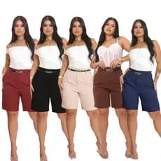 BERMUDA SHORT ALFAIATARIA FEMENINO CINTURA ALTA COM BOLSOS E BARRA DOBRADA LISA COM COXA COMPRIDA TECIDO DE QUALIDADE