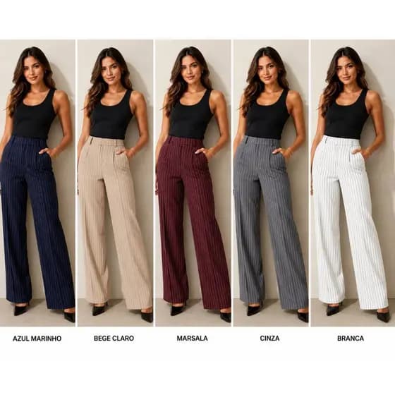 CALÇA SOCIAL LISTRADA FEMENINO, ALFAIATARIA PANTALONA INVERNO , COM BOLSOS NAS DUAS PERNAS ,CINTURA ALTA MODELO WIDE LEG