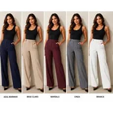 CALÇA SOCIAL LISTRADA FEMENINO, ALFAIATARIA PANTALONA INVERNO , COM BOLSOS NAS DUAS PERNAS ,CINTURA ALTA MODELO WIDE LEG