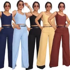 Conjunto femenino social alfaiataria-Marrant Calça Pantalona  + Cropped linda blusinha de alça qualidade com zipér