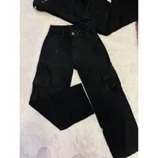 Calça jeans cargo feminina larga folgada preto com bolso multiplo