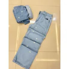 H MODA Calça jeans wide leg feminina bordad com detalhes de flores margaridas