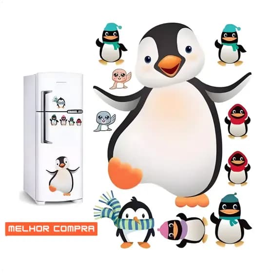 Adesivo para geladeira e parede Família Pinguim Adesivo Decorativo Papel Armário Vidro Porta