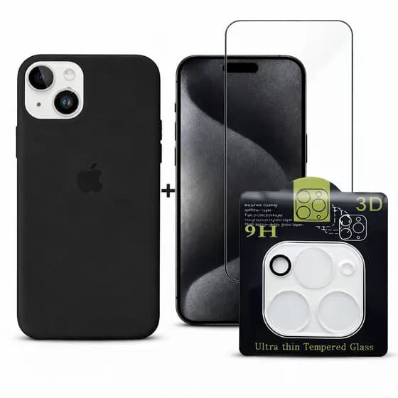 Kit 3em1 Case Silicone Colorida iPhone XR 11 12 13 14 15 16 + Película Vidro 3D + Lente - RS