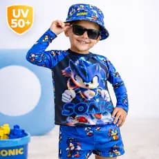 Conjunto Infantil Sonic 3 Peças UV 50+  Roupa Praia Piscina Menino Proteção Solar