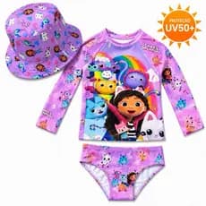 Conjunto Infantil Casa da Gabby Praia UV50+ 3 Peças Blusa Manga Longa, Calcinha e Chapéu Bucket Menina