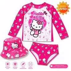 Conjunto Biquíni Infantil Menina Hello Kitty 3 Peças UV50+ Blusa Manga Longa, Calcinha e Chapéu Proteção Solar