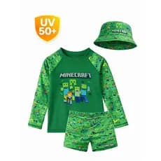 Conjunto UV50+ Infantil 3 Peças Personagens Sonic Homem Aranha Minecraft Camiseta Manga Longa + Sunga + Chapéu Praia