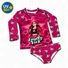 Emilly Vick Moda Praia Infantil UV 50+ Conjunto Menina Manga Longa e Biquíni Proteção Solar Estilo Estrelas