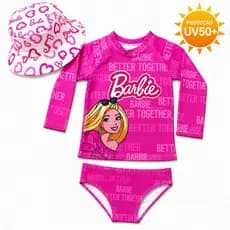 Conjunto Praia Infantil Barbie UV50+ Blusa Manga Longa + Calcinha + Chapéu Bucket Menina 2 a 10 Anos