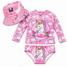 Conjunto Praia Menina Unicórnio UV50+ Blusa, Calcinha e Chapéu Bucket Infantil