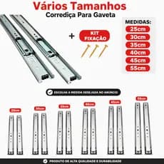 Kit 2 Corrediças de Gaveta Telescópica Light Com Parafusos Inclusos 25cm | 30cm | 35cm | 40cm | 45cm