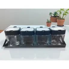 Kit com 4 Potes Porta Tempero Vidro 255 ml com Colher Aço Inox Resistente Condimento Sal Açúcar Temperos com Suporte
