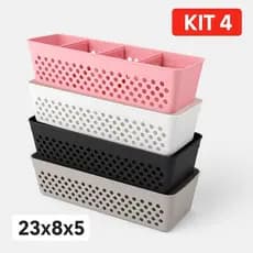 kit 4 Cestos Organizadores Pequenos 23x8,5x5,5 3 Divisórias Caixa Organizadora Gaveta Varias Cores