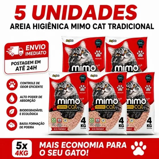 Kit 5 Areia Sanitária Higiênica Argila Natural Mimo Cat Tradicional para Gatos Antiodor 20kg Argipet
