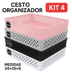 Kit 4 Cestos Organizadores G  34x25,5x6,5 Multiuso Gaveta Caixa Organizadora Usual Utilidades