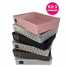 Kit 3 Cestos Organizadores Grande  Gaveta Caixa Organizadora 34x26x6,5  Multiuso Usual Utilidades