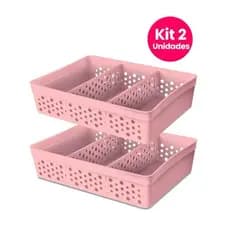 Kit 2 Cestos Organizadores M 2 Divisórias Removíveis 17x11x5,5cm Multiuso Caixa Organizadora Gaveta