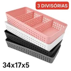Cesto Organizador Grande Com 3 Divisórias Removíveis 34x17x5,5 Multiuso Caixa Organizadora Gaveta