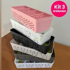 kit 3 Cestos Organizadores Pequeno 23x8,5x5,5 3 Divisórias Caixa Organizadora  Multiuso Varias Cores