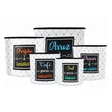 Kit 5 Potes de Mantimentos Plástico Decorado Preto Frases varias cores
