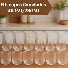 Kit Copos de Vidro Canelado 280ml e 450ml | Design Moderno e Resistente | Cozinha Sofisticada