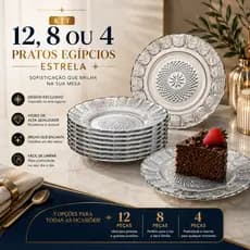 Jogo com 12, 8 ou 4 Pratos Egípcios Estrela Vidro Reforçado Premium