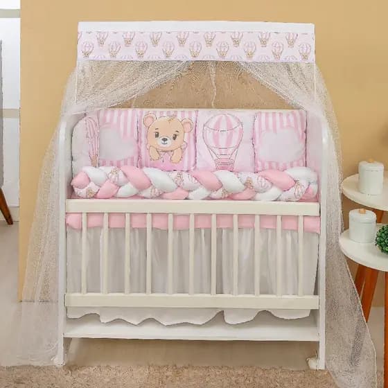 Kit Mini Berço com 12 peças + Saia de Berço Bebê Menina Ursa Baloeira