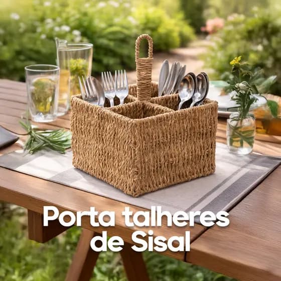 Porta Talheres Sisal 15x20cm Organizador de mesa talher Divisórias Galheteiro Azeite Vinagre