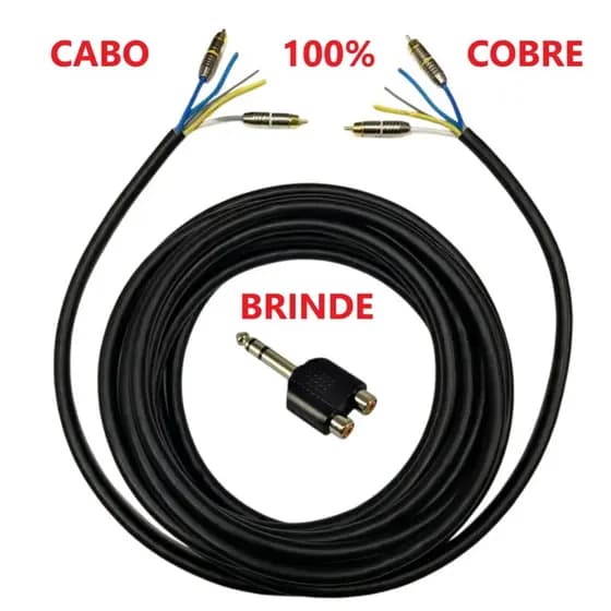 Cabo Rack RCA 5 Vias 100% Cobre Som Automotivo Trio Paredão + 4 Conectores RCA 15m a 35m