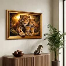 Quadro Decorativos Famílias de Onças Paisagem Exótica Moldura Dourada para Sala  Escritório Elegante