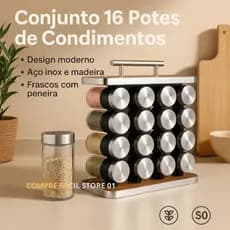 Porta Temperos de Aço Inox Madeira Vertical com Alça + 12 Potes de Vidro 80ml Qualidade Premium