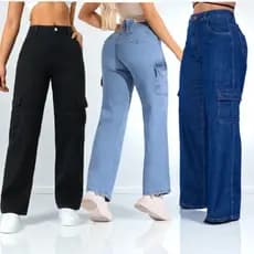 Calça Cargo Jeans 100 Algodão Feminina cintura alta