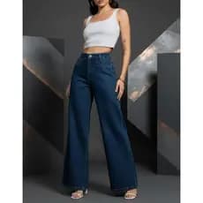 Calça Feminina Wide Legg Jeans Cintura Alta Moda Blogueira