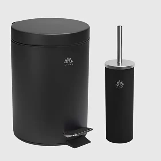 Kit Lixeira Inox 5 litros e Escova Sanitária Preto Banheiro ou Escritório Luxo Preta com Pedal 5l
