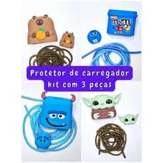 Protetor de carregador personagens em silicone Kit 3 peças para cabo, fonte e conector do carregador