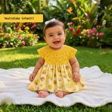 Vestido Infantil Bebê Menina Algodão Vestido em crochê e tecido Confortável Levinho 6 meses a 1 ano