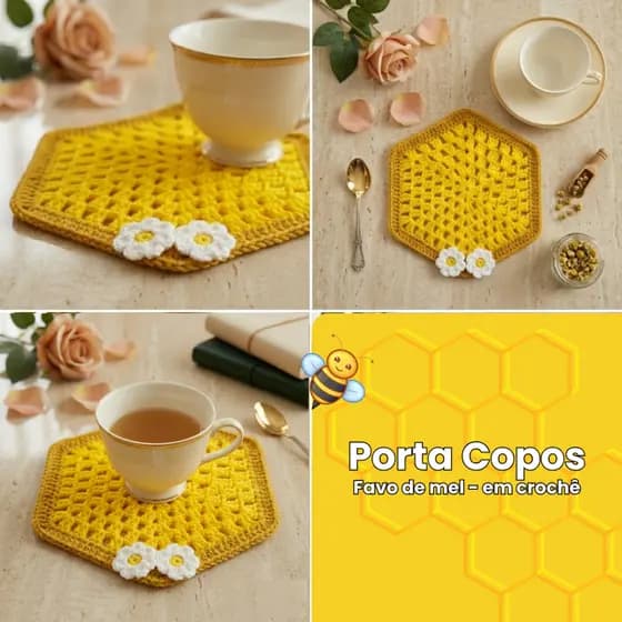 Porta Copos de Crochê Mesa Posta Coleção Abelhas 2 a 8 lugares