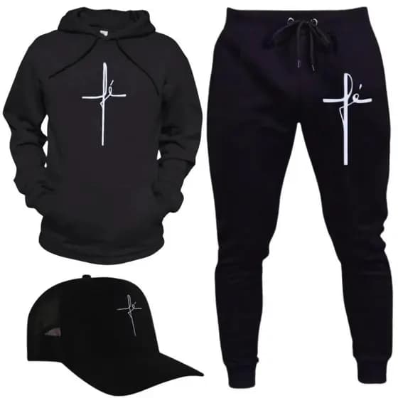 Conjunto Moletom Flanelado Fé Religião Gospel Blusa Calça Boné Unissex Oferta