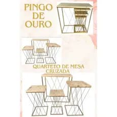 KIT  teia dourado  Mesas  quarteto Cruzada 4 Peças em Ferro dourado e Madeira Para ANIVERSÁRIO
