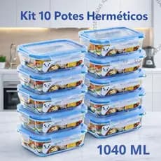 Conjunto 10 Potes Vidros 1040 ml Hermeticos Retangular Marmitas Fitness 4 Travas Forno microondas Airfryer