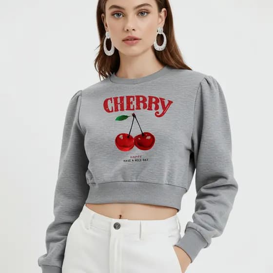 Cropped Moletom Feminino Cherry Estampa Cereja Fofa Divertida Estilo Cute